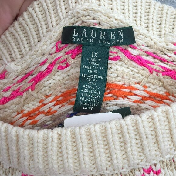 Ralph Lauren LRL Fair Isle Knit Tunic Sweater 1X Boat Neck Cream Colorful New - Picture 2 of 12